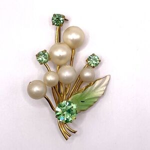 Vintage Austria Faux Pearl Uranium Glass Green Crystal Pin Brooch
